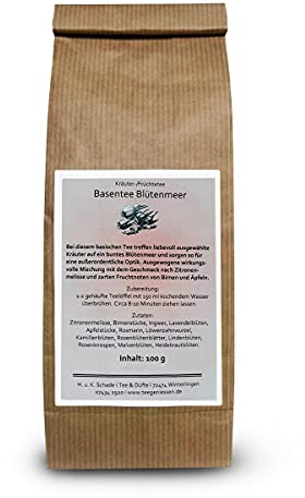 Früchtetee, Kräutertee Basentee Blütenmeer, Lose, Zitronenmelisse, Birnen, Ingwer, Lavendel, Apfel, Malve, Rosenknospen, Lindenblüten, 100g, Teegeniessen