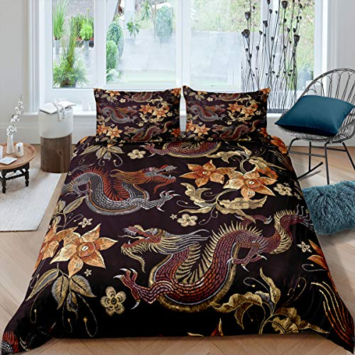 Drachen Bettwäsche Set 220x240cm Chinesischer Stil Bettbezug Set Tier Muster Pflanzen Blumen Dekor Betten Set Chinesisches Kulturthema Bettwäsche with Reißverschluss Sanft Luxus für Erwachsene