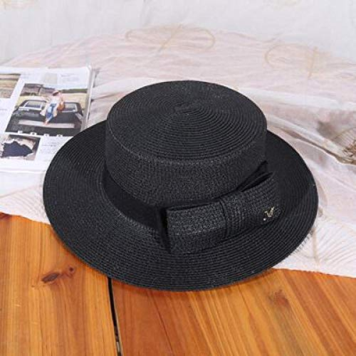 Sonnenhut Strohhut Hut Damen Flat Top Bow Sonnenblende Hüte Frauen Mode Brief Strohhut Elegante Damen Breite Krempe Panama Beach Hut-Schwarz