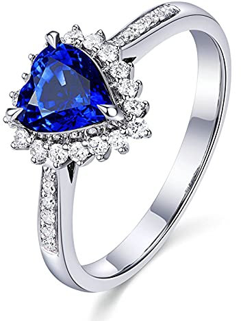 KnSam Damen Ring, Ring Gold Women Ringe Damen Echt Gold Herz 18 K 750 Weißgold Hochzeitringe Für Damen Mit Saphir 18K Weiß Gold Gr. 53 (16.9)