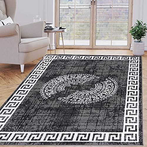 Carpeto Rugs Kurzflor Teppich mit Bordüre - Mäander Griechisch Muster - Wohnzimmer, Schlafzimmer und Flur - Robust und pflegeleicht und Fußbodenheizung geeignet - Grau 120 x 170 cm