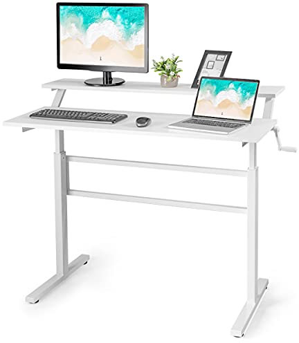 COSTWAY Standing Desk 120 x 60cm, 2-Tier Height Adjustable Sit Stand Desk with Monitor Stand & Foldable Crank Handle, Ergonomic Home Office Computer Table Writing Workstation (White)