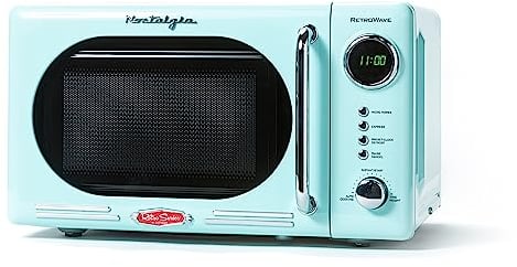 Nostalgia Horno microondas retro compacto para encimera, 0.7 pies cúbicos, 700 vatios con visualización digital LED, bloqueo para niños, interior fácil de limpiar, color aguamarina