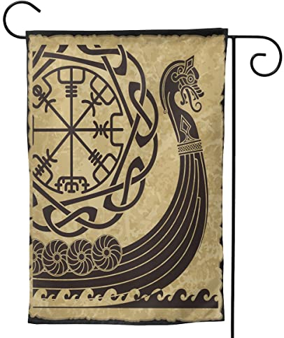Outdoor Garden Flag, 12.5x18'' inches / 30X45 CM Flag, Legend Boat Warship of Vikings Drakkar Ancient Scandinavian Norse Runes Vintage Ship Double Sides Print, Home Decor Seasonal Yard Sign Banner