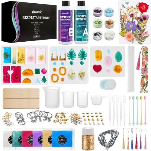 Piccassio Epoxidharz-Set für Anfänger, 208-teiliges Schmuckherstellungs- und Bastelset mit Formen, getrockneten Blumen, Glitzer und Werkzeugen, komplettes Starter-Set für Schlüsselanhänger