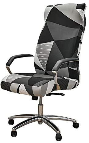 Highdi Housse de Chaise de Bureau Extensible, Housse de Fauteuil Rotatif Amovible Lavable, pour Chaise de Bureau Pivotante Ordinateur Gaming Accoudoirs Chaise (géométrique Noir,L)