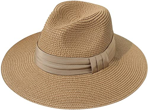 DRESHOW Femme Homme Chapeau de Paille Panama Chapeau Été Large Bord Chapeau de Soleil Anti-UV pour Plage Voyage Chapeau de Soleil