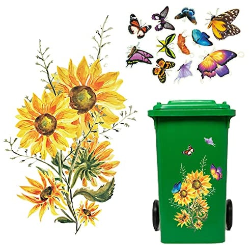 Sticker Poubelle Extérieure, Autocollant de Poubelle de Tournesol Ade Fleur de Papillon Imperméable Mur, Porte, Poubelle, Réfrigérateur Autocollant 2PCS Jaune