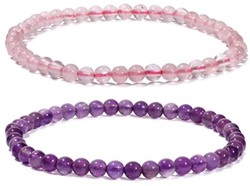 Jewboo 2Pcs Genuine Semi Gems Friendship Beaded Bracelets for Women Crystals and Gemstones Stretch Healing Bracelets Beads 4mm (Rose Quartz & Amethyst)