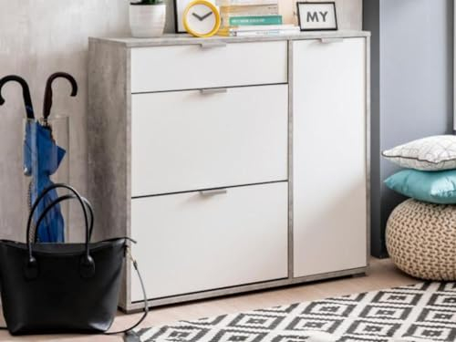 Vente-unique-Schuhschrank Schuhkipper mit 1 Tür, 2 Ablagen & 1 Schublade - Weiß/Beton-Optik - Arietta
