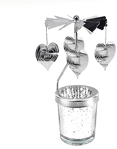 Surakey Windlicht Teelichtkarussel aus Glas Teelichthalter,Silber Karussell Teelichter Kerzenhalter,Motiv Liebe Herzen Windlichter Teelicht Kerzen Halter Geschenk Dekoration für Hochzeit,Weihnachten