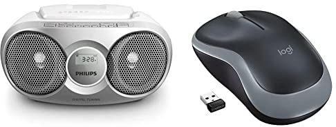 Philips Tragbarer CD Player/Digital UKW, Dynamischer Bass-Boost, Silber & Logitech M185 Kabellose Maus, 2,4 GHz mit USB-Nano-Empfänger, 12 Monate Batterielaufzeit, 1000 DPI Optical Tracking- Grau