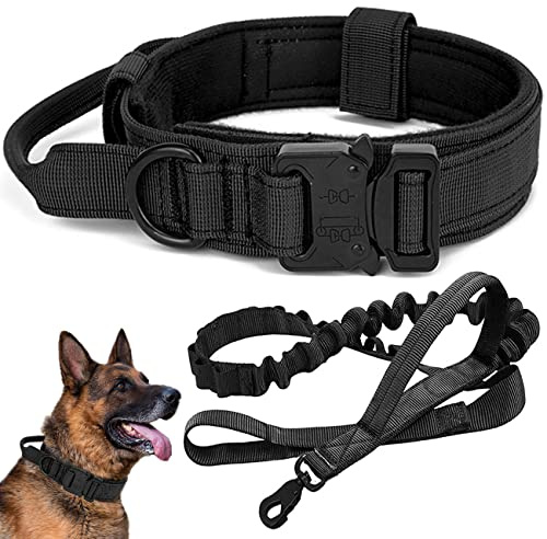 Tactical Dog Collar with Bungee Dog Leads Leash Adjustable Dog Collar with Control Handle and Heavy Metal Buckle Military Nylon Collar for Medium and Large Dogs (M, P3-BLACK)