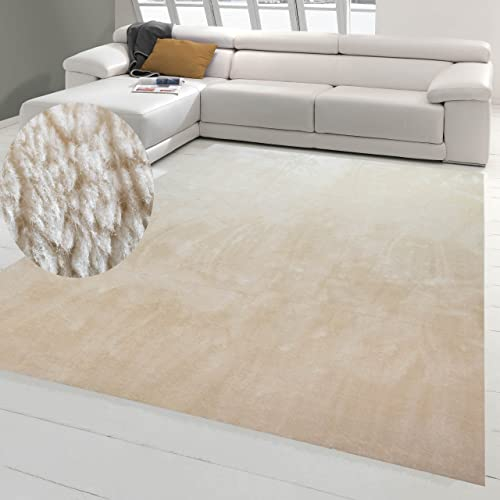 Uni Teppich Wohnzimmer weich Flokati Badezimmer waschbar in beige, 160x230 cm