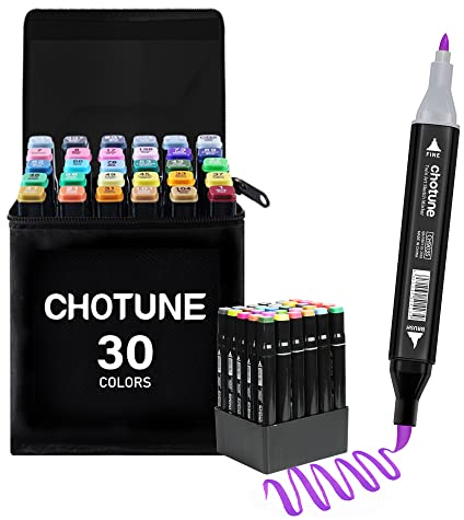 CHOTUNE Alkohol Marker Set, 30 Farben Weiche Bürste und Fein Doppelte Spitze Sketch Zeichenmarker, Einfaches Mischen zum Skizzieren und Illustrieren mit Schwarzer Handtasche und Basis