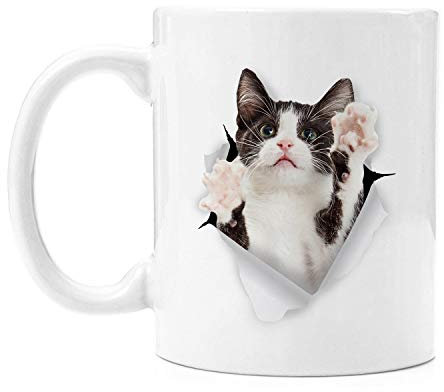 LOUJIN Cute Tuxedo Cat Coffee Mug, Funny Crazy Cat Lover Gifts Ceramic Mugs Tea Cup for Men Women | White, 11oz