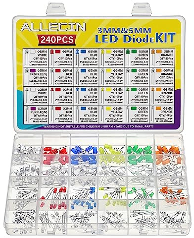 ALLECIN 24 Werte 3MM 5MM LED Diode Kit Leuchtdioden Led Dioden Set Rot Blau Grün Gelb Weiß Orange Lila Leuchtdiode 2 Pin Transparenter Runde Led-dioden Sortiertment (Packung mit 240 Stück)