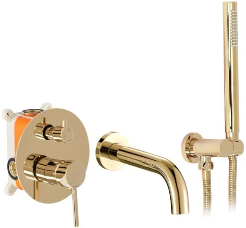 Rea LUNGO L.GOLD RUBINETTO VASCA INCASSO + BOX Miscelatore Vasca con Doccetta in Ottone per Bagno Caldo e Freddo regolabile (Gold)