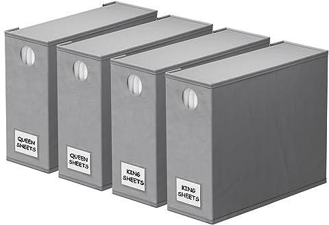 SpaceAid 4 Pack Bed Sheet Organizers and Storage, Foldable Organizer for Linen Closet, Sheets Set Folder Keeper with Window XL (Queen & King Size) Organizing Bedding Container, Gray 91ZDSN-SL01-G4