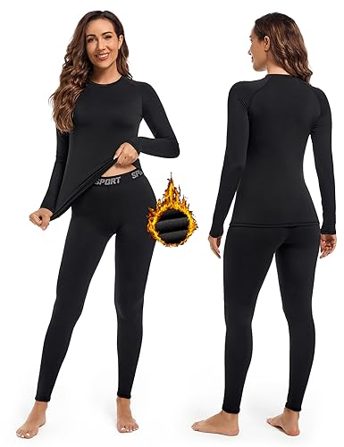 Hyeek Thermounterwäsche Damen, Warme Funktionsunterwäsche Skiunterwäsche Set Frauen mit Innenfleece - Ultraweich Winter Lange Thermo Ski Unterwäsche Set für Joggen, Skifahren,Radfahren (Schwarz, XL)