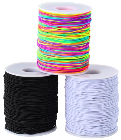 iophi 3 Rollen Gummiband für Armbänder 1mm x 100m, Bunte Elastische Nylonschnur für Armbänder Knüpfen, Faden Perlenschnur für DIY Schmuck, Halskette, Handwerk (Farbe/Schwarz/Weiß) Perlendraht