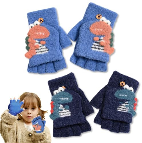 2 Paar Kinder Halbfinger Handschuhe Jungen Mädchen Handschuhe Kinder Fingerlos mit Klappe Cartoon Warme Winterhandschuhe Fingerhandschuhe Kinder 1 2 3 4 5 Jahre Dinosaurs