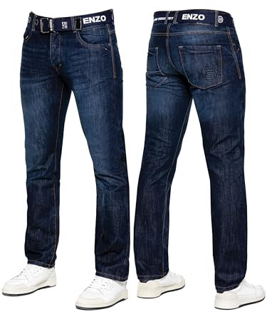 989Zé ENZO Jean classique coupe droite décontractée en coton pour homme avec ceinture, noir foncé, W36/L32