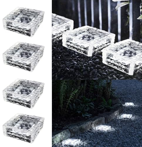 HIQE-FL Set Solar Pflastersteine Außenleuchte,4Pcs Solarsteine für Außen Garten Wasserfest,10X10X5cm,LED Solar Bodenleuchten Solarlampen Außen,Dekoration Lichter für Garten,Balkon,Pfad（weiß）