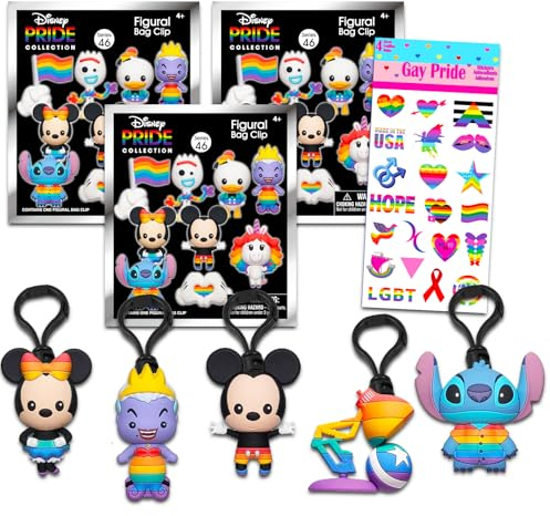 Disney Pride Blind Bag Partyzubehör, 3 Stück, Bündel mit 3 Disney Pride-Schlüsselanhänger-Figuren plus Pride-Aufklebern, Disney Pride-Kollektion, Taschenclips für Kinder, Erwachsene
