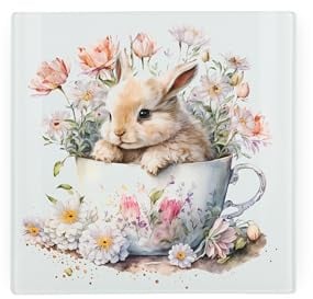 Teacup Bunny Glass Hot Pot Stand Trivet - Spring Themed Floral Gifts - Kitchen Chopping/Cutting Board Worktop Protector with Non-Slip Feet 20cm x 20cm (8 x 8)