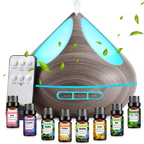 Aroma Diffuser Diffusoren 500 ml mit 8 ätherischen Ölen, Aromatherapie-Diffusoren, Luftbefeuchter mit Fernbedienung, 4 Timer für Schlafzimmer,Grau