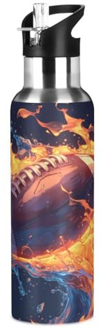 Wzzzsun American Football Rugby Flames Water Bottle Insulated Sport Vacuum Cup Stainless Steel Jug for 600ML Coffee Tea