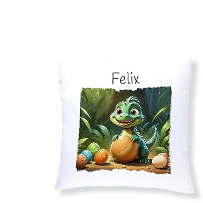 Druckerino Kinder Kuschelkissen mit Namen personalisiert - Geschenkidee - Kinder Kissen mit Namen 40 x 40 cm inkl. Kissenfüllung - personalisierte Geschenke (Dinosaurier)