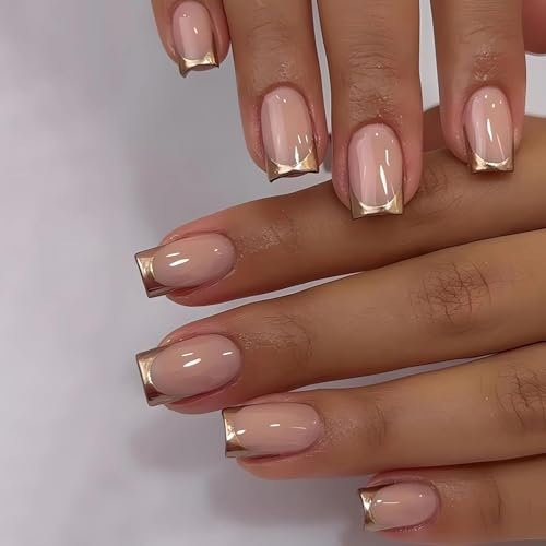 Nayyana Lot de 24 faux ongles à presser dorés - Longueur moyenne - Forme carrée - Faux ongles - Couverture complète - Pour coller les ongles - Longueur moyenne