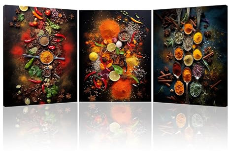 Piy Painting Bild auf Leinwand, Buntes Gewürz Leinwandbilder, Wandbilder Gewürze und Löffel Kunstdrucke auf Leinwand für Küche Esszimmer Hotel Wanddeko, eingebautem Holzrahmen, 3 Stück/Satz 30x40cm