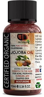 Golden Jojoba Oil Organic Cold Pressed 100% Pure for Hair, Nails, Eyelash & Eyebrow Growth Vegan & Cruelty Free for Skin, Face & Body as Carrier, Massage Oil (10ml Cap)