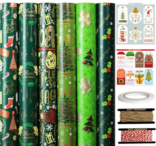 FullJoyHut 6 Rollen Weihnachtsgeschenkpapier je 43cm x 3M - Grünes Geschenkpapier Weihnachten Rollen Set, Weihnachtspapier mit Geschenkanhänger Geschenkband für Xmas Geschenkverpackung