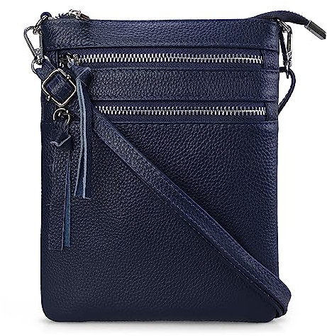 befen Echtleder Umhängetasche Damen Klein Handtasche Leder Crossbody Bag mit 4 Fächern, Handytasche zum Unhängen Damen mit verstellbarem Schultergurt, Marineblau