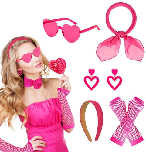 costume des années 80 90 pour femme rose, serre-tête rose, lunettes de soleil en forme de cœur rose Boucles d'oreilles, accessoires de costume rose adulte pour le carnaval, Vintage Motoparty Cosplay