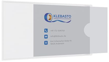 KLEBASTO Visitenkartentaschen selbstklebend | transparent | Visitenkartenhüllen zum kleben | Kartenhüllen zum einkleben | Selbstklebetaschen Glasklar (Daumenaussparung schmale Seite offen, 20)