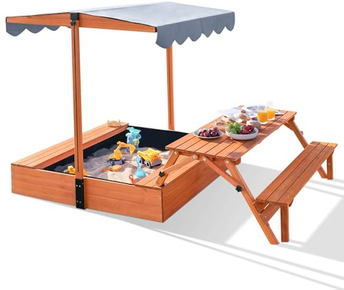 Bac à sable en bois avec couvercle pour enfants avec housse, table de pique-nique pliable, auvent de mise à niveau et doublure inférieure de toit réglable en hauteur incluse