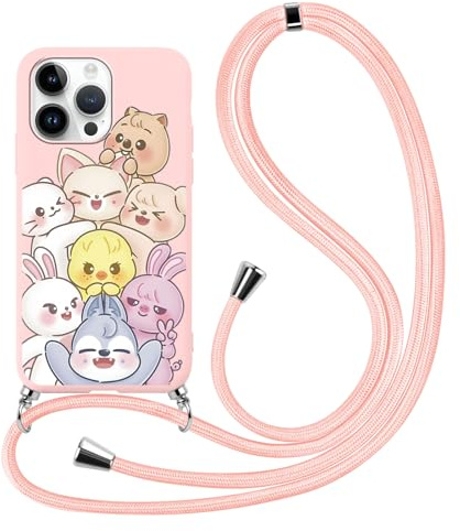 Yimctoie Lanyard Handyhülle für iPhone 12/12 Pro 6.1 Hülle mit Band, Kpop Stray Kids Skzoo Muster Design Case mit zum Umhängen Kordel, Weich Silikon Stoßfest TPU Schutzhülle Cover für Skz Fans, rosa