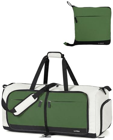 Lekesky Large Foldable Travel Duffe Bag - 80L Waterproof Holdall Luggage Bag with Shoes Compartment, Weekend Overnight Sports Bag for Women and Men(Bright Green Tricolor, 72 * 33 * 34cm)