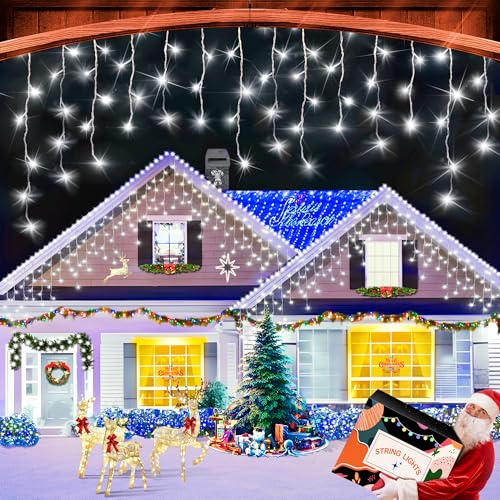XURISEN 10M 320 LED Weihnachts Eisregen Lichterkette Kaltweiß 4-5-7 Eiszapfen Timer 8 Modi IP44 Wasserdicht für Dachrinne Garten Fenster
