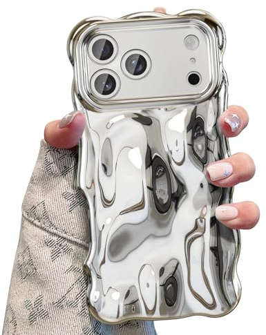 UEEBAI Hülle für iPhone 17 Pro, Niedliche Lockige Wellen Rahmenform Silikon Stoßfeste Handyhülle Ultra Dünne Slim Fit Weiche Schutzhülle Bumper Cover Anti-Vergilbung - Silber