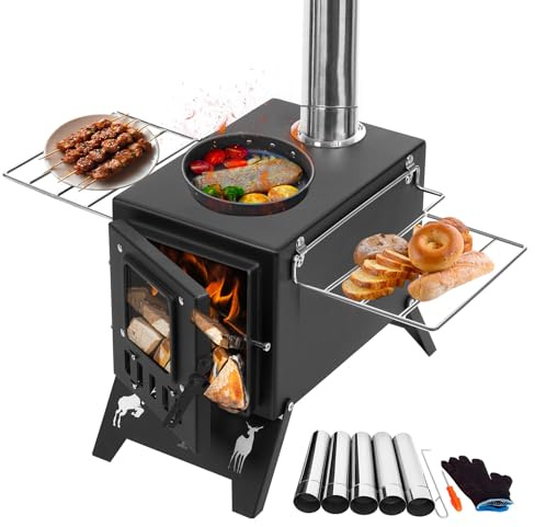 4 in 1 Hot Tent Stove with 113cm Chimney, Camping Wood Stove Outdoor Indoor, Stainless Steel Log Burning Stove