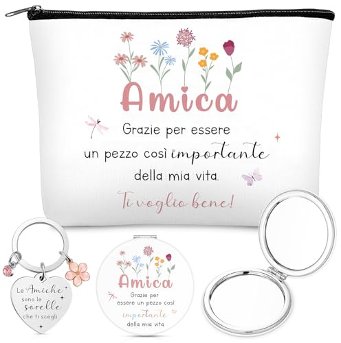 Otuuz Cadeau pour Meilleure Amie et Sœur 1 Trousse de Maquillage, 1 Miroir Grossissant et 1 Porte-Clés avec Breloque Fleur Cadeaux d'anniversaire et de Noël pour Amie