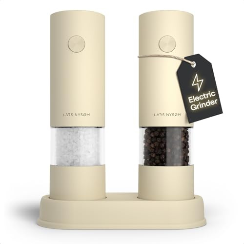 LARS NYSØM Electric Salt and Pepper Grinder Set I Automatic Salt and Pepper Mills with Adjustable Ceramic Grinder I AAA-Battery Operated Electric Spice Mill Set (Almond Beige)