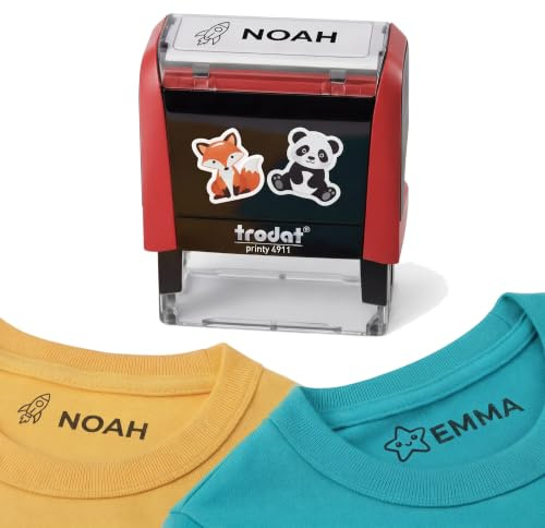 Textilstempel Kinder waschmaschinenfest - Namensstempel Trodat - Rot | Trodat Printy Textilstempel, 38x14mm, Gehäuse Rot, waschmaschinenfest, für Kleidung und Textilien