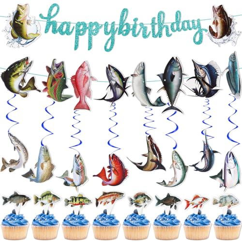 34 StüCk Angeln Geburtstag Banner Fische Dekorationen Beinhaltet Geburtstagskarte aus Papier mit Marlin-Motiv, Angelkuchen und Steckdosenleiste Für Kindergeburtstag Party Ruhestand Abschied Supplies
